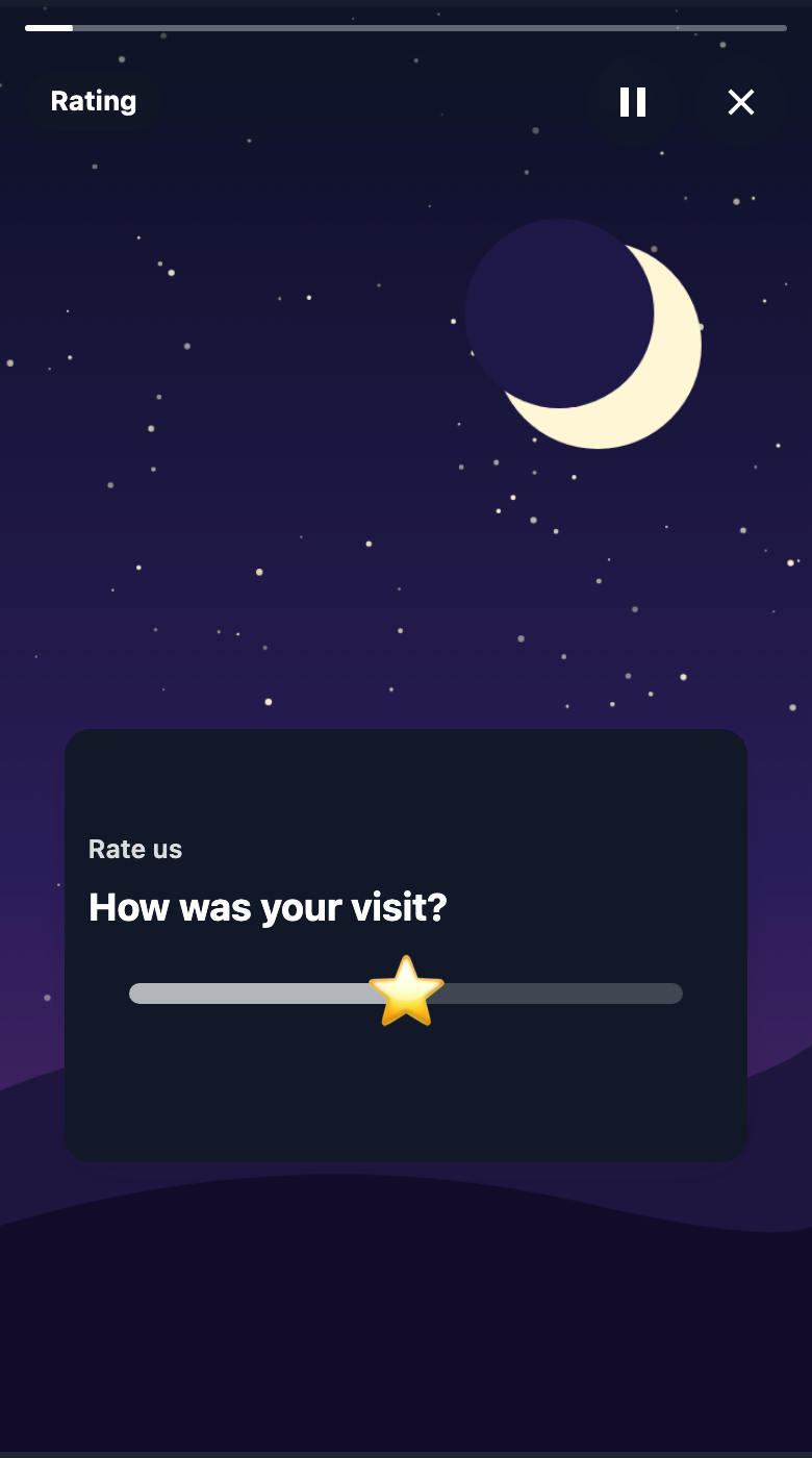 A dark rating card on a night picture with the title Rate us, the question How was your visit? and a slider with a star on its thumb.