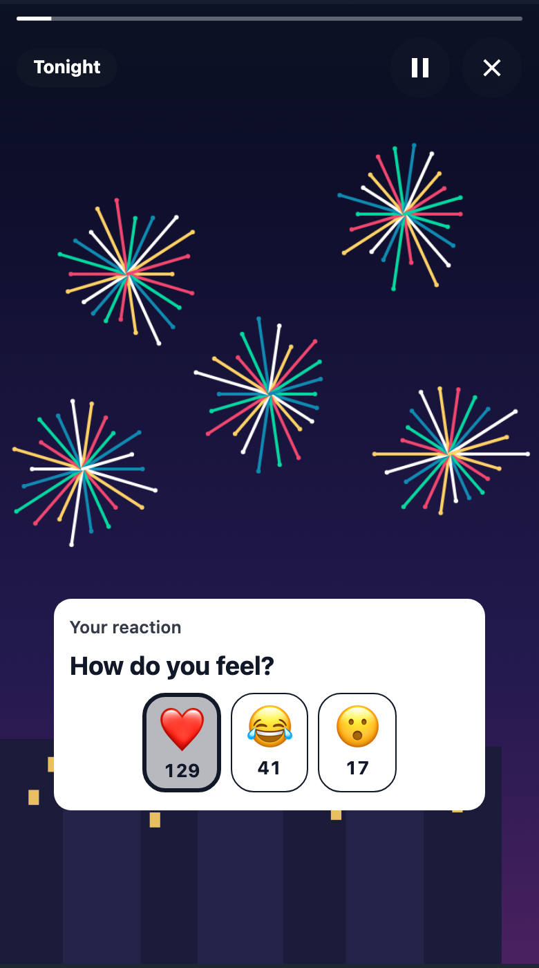 The reaction after a tap on the heart: the heart is pressed and shows 129, the laughing face 41 and the surprised face 17.