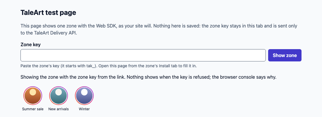 The TaleArt test page with a zone key from the link: the heading, an empty zone key field, a status line saying the zone is shown with the key from the link, and a bar of three circles named Summer sale, New arrivals and Winter.