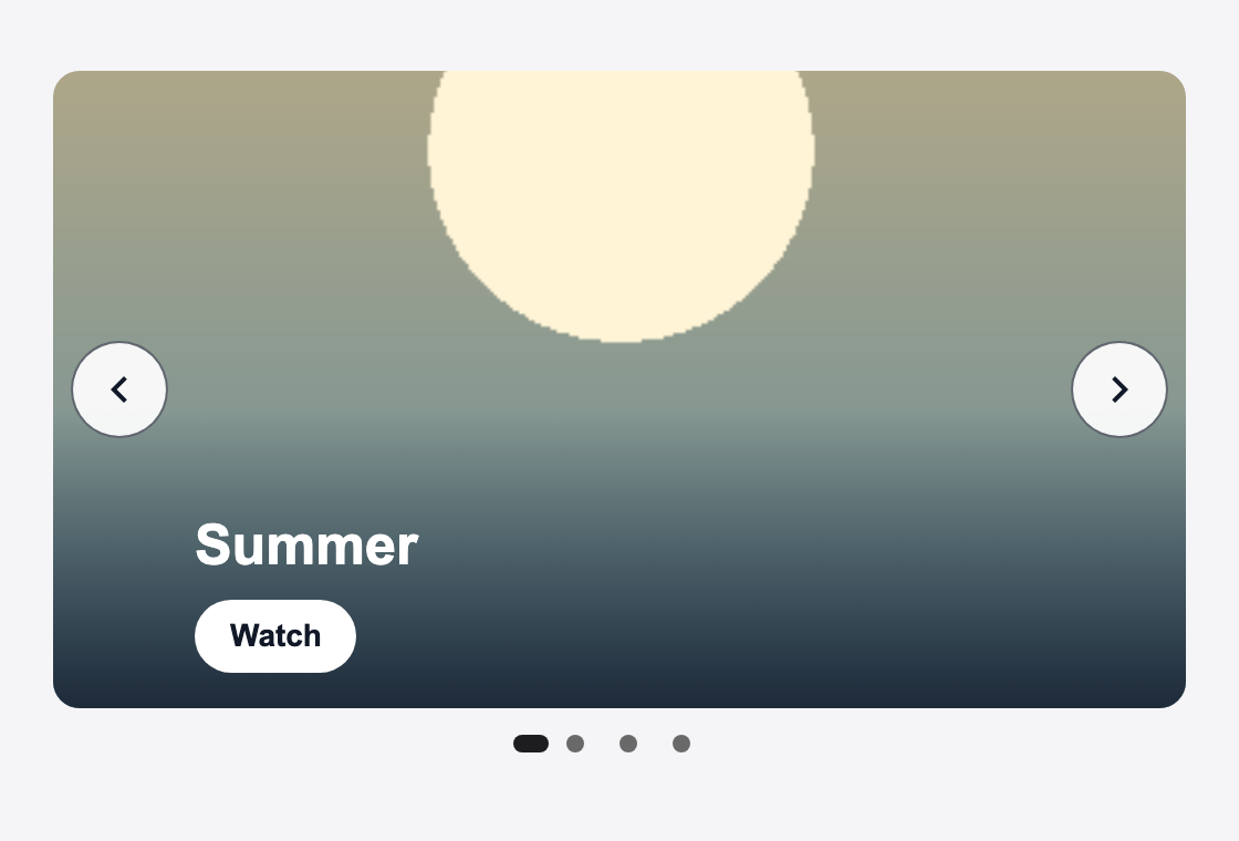 A rendered banner zone: a large picture slide with the group's name and a Watch button, previous and next arrows, and four dots for the slides.