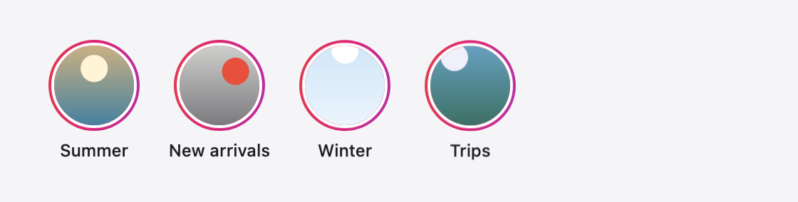 A rendered bar zone: four circles with group names under them (Summer, New arrivals, Winter, Trips), each with a picture from its first tale.