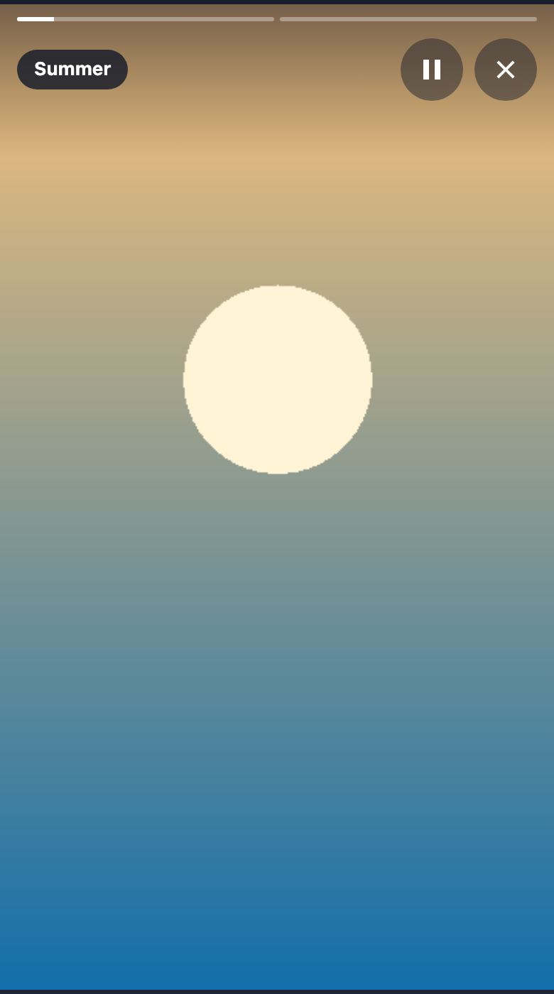 The viewer open full screen on the Summer group of a phone-sized window: a sunset picture, a progress bar at the top, and the group name, a pause button and a close button.